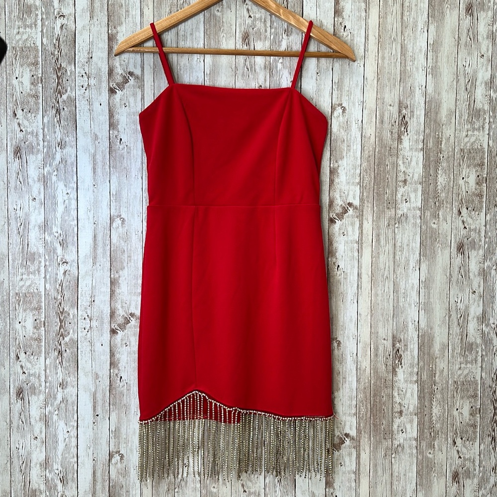 NWOT Trixxi Red Fringe Rhinestone Mini Dress sz Small Spaghetti Adjustable Strap